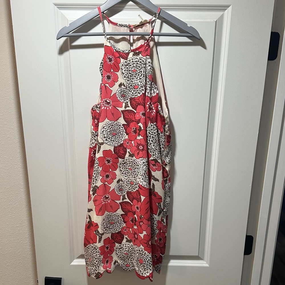 Floral Halter Dress in Pinkish Red, Brown and Cream